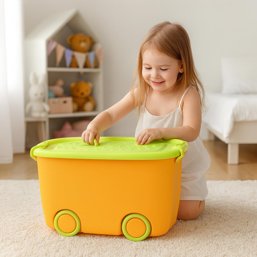 PARASNATH Rolling Storage Container Box (YellowGreen Colour)- 25 Litre Large With Wheels Size (50X33X26 cm) - PARASNATH