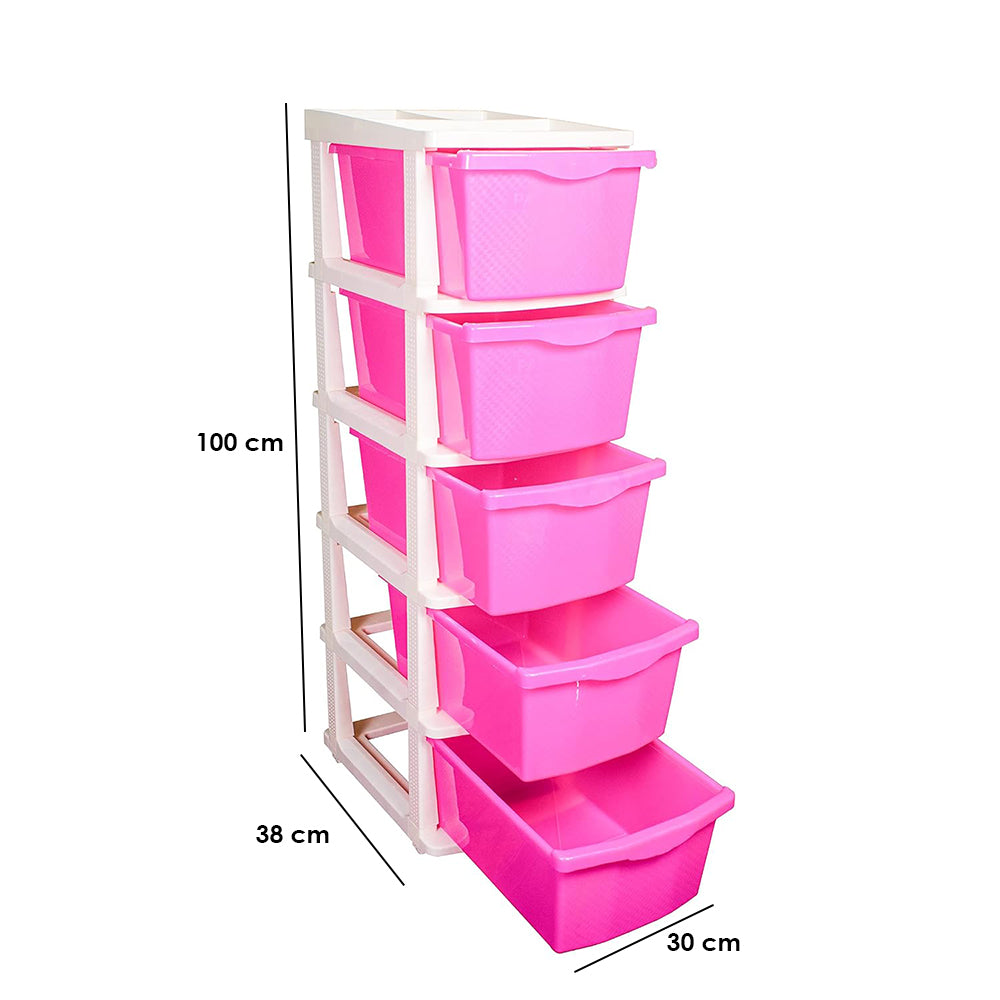 Boxo 5 Layer (Pink) Multi-Purpose Modular Drawer Storage System for Home and Office with Trolley Wheels and Anti-Slip Shoes - PARASNATH