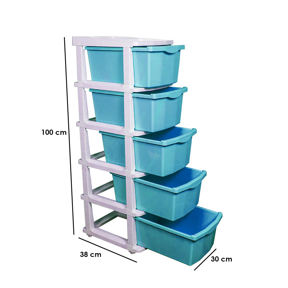 Boxo 5 Layer (Blue) Multi-Purpose Modular Drawer Storage System for Home and Office with Trolley Wheels and Anti-Slip Shoes - PARASNATH