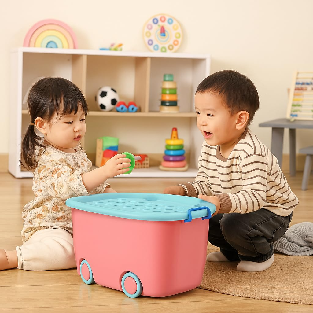 PARASNATH Rolling Storage Container Box (PinkBlue Colour )- 45 Litre Super Large With Wheels Size (59X39X30 cm) - PARASNATH