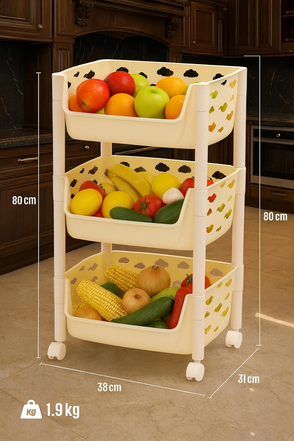PARASNATH SKEP 3 Layer Basket Fruit & Vegetable Trolley (Ivory Colour) for Home and Kitchen Fruit Basket Storage Rack Organizer Holders kitchen trolley - Made In India - PARASNATH