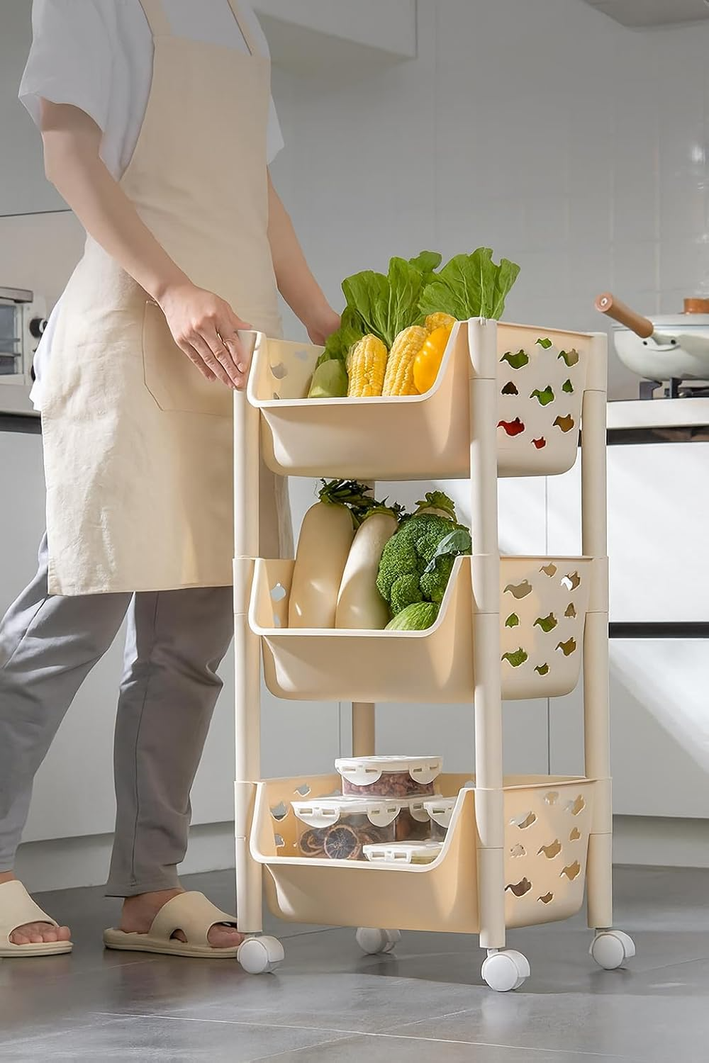 PARASNATH SKEP 3 Layer Basket Fruit & Vegetable Trolley (Ivory Colour) for Home and Kitchen Fruit Basket Storage Rack Organizer Holders kitchen trolley - Made In India - PARASNATH