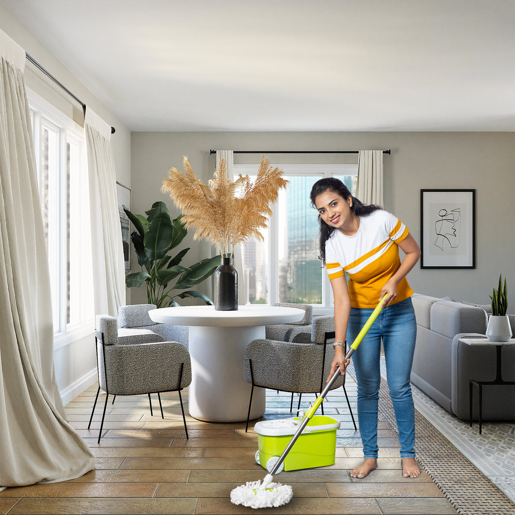 PARASNATH Bucker Square Lemon Colour Spin Mop with Big Wheels and Stainless Steel Wringer, Bucket Floor Cleaning and Mopping System,2 Microfiber Refills - PARASNATH