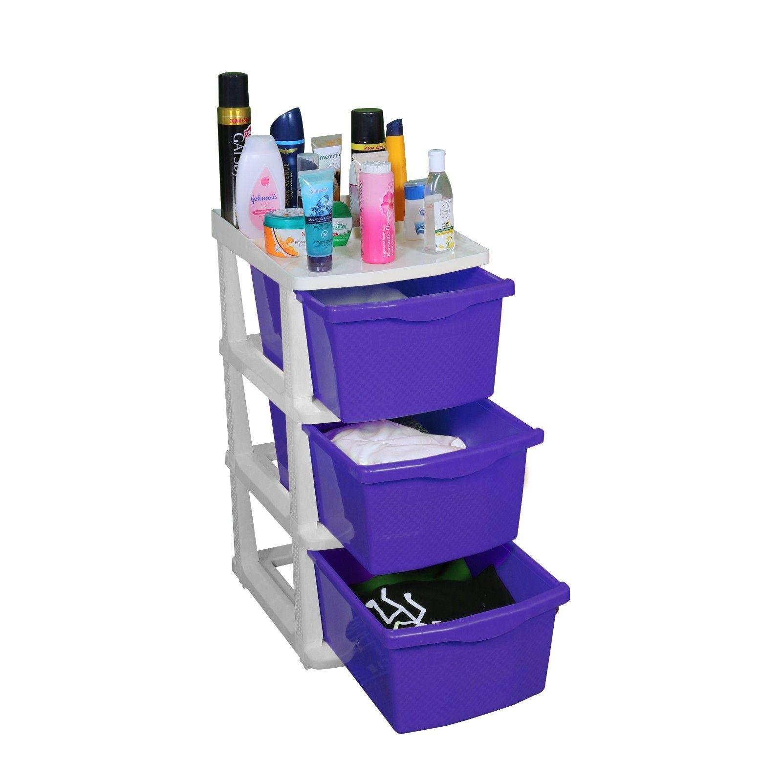 PARASNATH Boxo 3 Layer (Purple) Multi-Purpose Modular Drawer Storage System for Home and Office with Trolley Wheels and Anti-Slip Shoes - PARASNATH