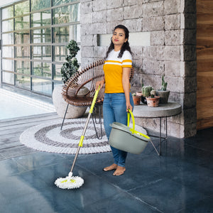 PARASNATH Bucker Oval Gray Lemon Colour Spin Mop with Big Wheels and Stainless Steel Wringer, Bucket Floor Cleaning and Mopping System,2 Microfiber Refills - PARASNATH