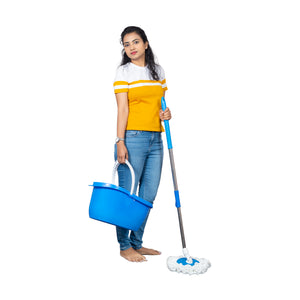 PARASNATH Bucker Oval Blue Colour Spin Mop with Big Wheels and Stainless Steel Wringer, Bucket Floor Cleaning and Mopping System,2 Microfiber Refills - PARASNATH