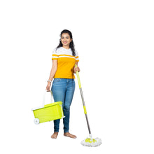 Load image into Gallery viewer, PARASNATH Bucker Square Lemon Colour Spin Mop with Big Wheels and Stainless Steel Wringer, Bucket Floor Cleaning and Mopping System,2 Microfiber Refills - PARASNATH