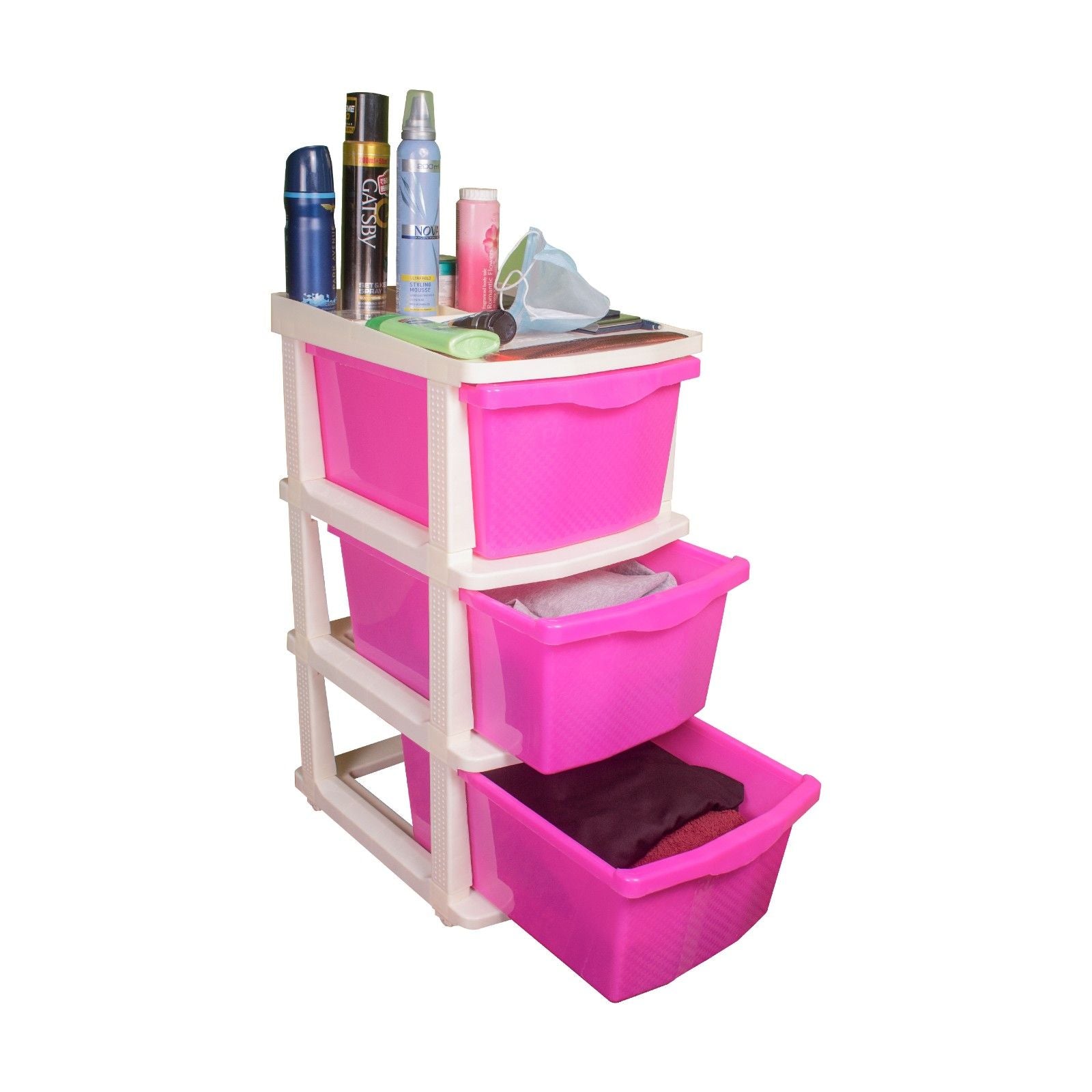 PARASNATH Boxo 3 Layer (Pink) Multi-Purpose Modular Drawer Storage System for Home and Office with Trolley Wheels and Anti-Slip Shoes - PARASNATH