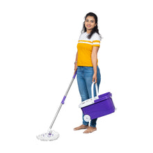 Load image into Gallery viewer, PARASNATH Bucker Square Purple Colour Spin Mop with Big Wheels and Stainless Steel Wringer, Bucket Floor Cleaning and Mopping System,2 Microfiber Refills - PARASNATH