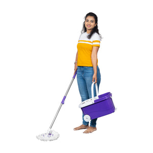PARASNATH Bucker Square Purple Colour Spin Mop with Big Wheels and Stainless Steel Wringer, Bucket Floor Cleaning and Mopping System,2 Microfiber Refills - PARASNATH