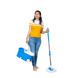 PARASNATH Bucker Square Blue Colour Spin Mop with Big Wheels and Stainless Steel Wringer, Bucket Floor Cleaning and Mopping System,2 Microfiber Refills - PARASNATH