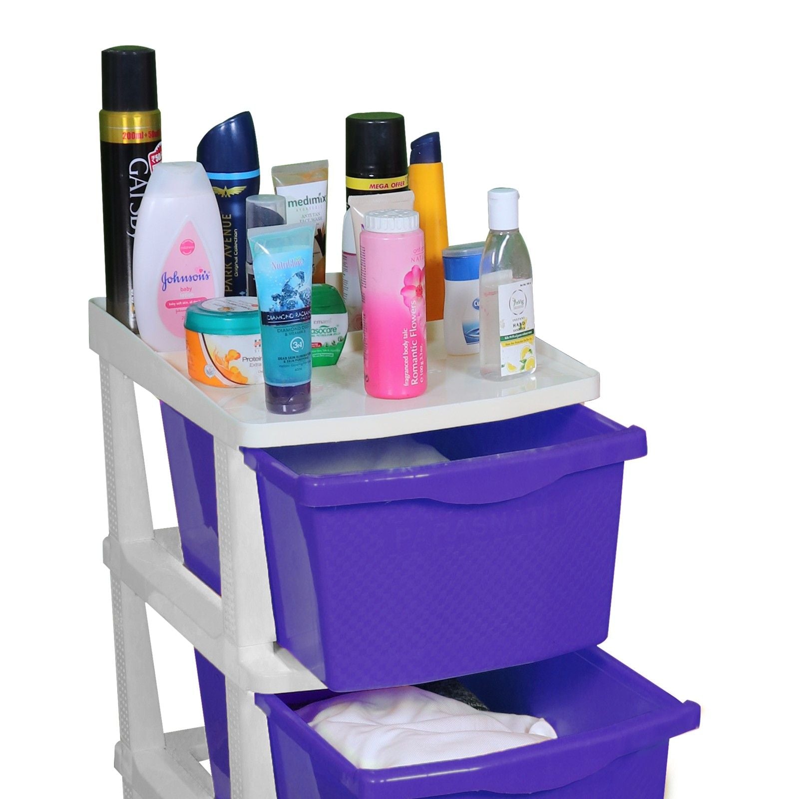 PARASNATH Boxo 3 Layer (Purple) Multi-Purpose Modular Drawer Storage System for Home and Office with Trolley Wheels and Anti-Slip Shoes - PARASNATH