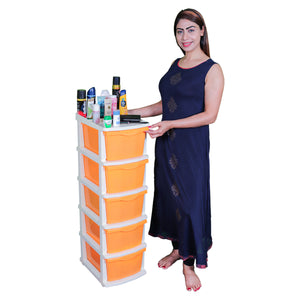 Boxo 5 Layer (Orange) Multi-Purpose Modular Drawer Storage System for Home and Office with Trolley Wheels and Anti-Slip Shoes - PARASNATH