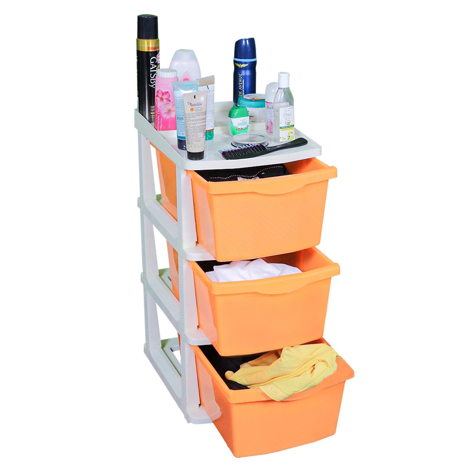 PARASNATH Boxo 3 Layer (Orange) Multi-Purpose Modular Drawer Storage System for Home and Office with Trolley Wheels and Anti-Slip Shoes - PARASNATH