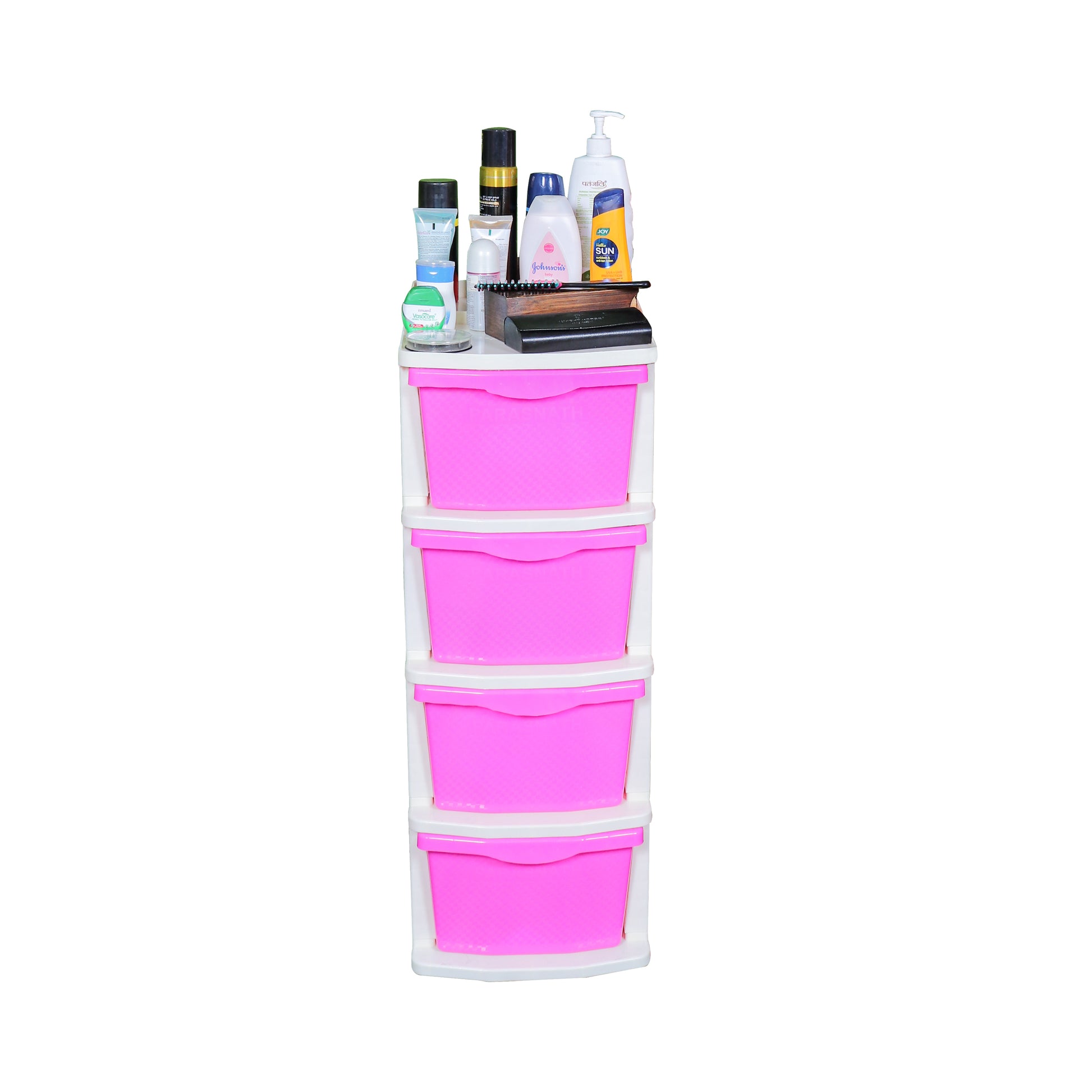 PARASNATH Boxo 4 Layer (Pink) Multi-Purpose Modular Drawer Storage System for Home and Office with Trolley Wheels and Anti-Slip Shoes - PARASNATH