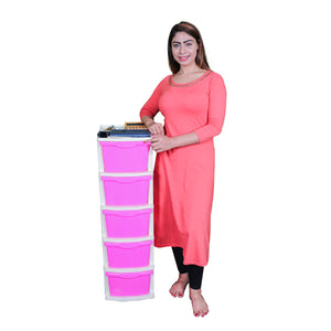 Boxo 5 Layer (Pink) Multi-Purpose Modular Drawer Storage System for Home and Office with Trolley Wheels and Anti-Slip Shoes - PARASNATH