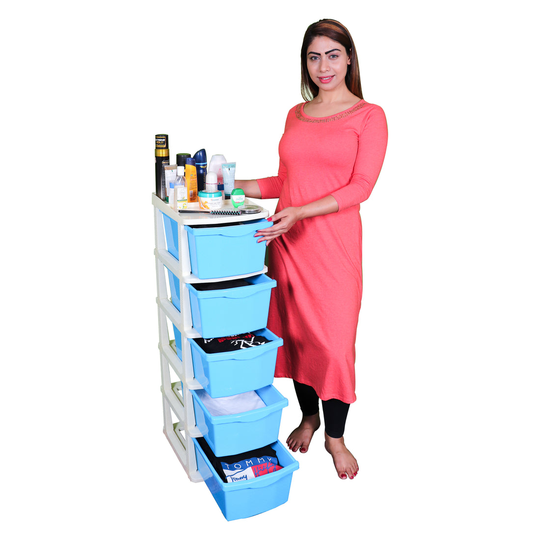 Boxo 5 Layer (Blue) Multi-Purpose Modular Drawer Storage System for Home and Office with Trolley Wheels and Anti-Slip Shoes - PARASNATH