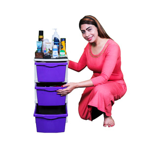 PARASNATH Boxo 3 Layer (Purple) Multi-Purpose Modular Drawer Storage System for Home and Office with Trolley Wheels and Anti-Slip Shoes - PARASNATH