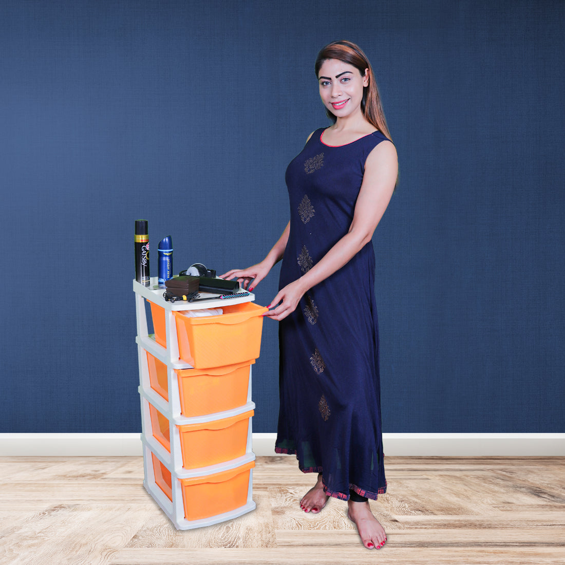PARASNATH Boxo 4 Layer (Orange) Multi-Purpose Modular Drawer Storage System for Home and Office with Trolley Wheels and Anti-Slip Shoes - PARASNATH