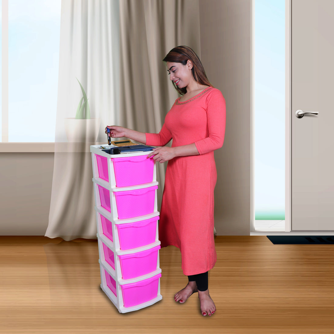 Boxo 5 Layer (Pink) Multi-Purpose Modular Drawer Storage System for Home and Office with Trolley Wheels and Anti-Slip Shoes - PARASNATH
