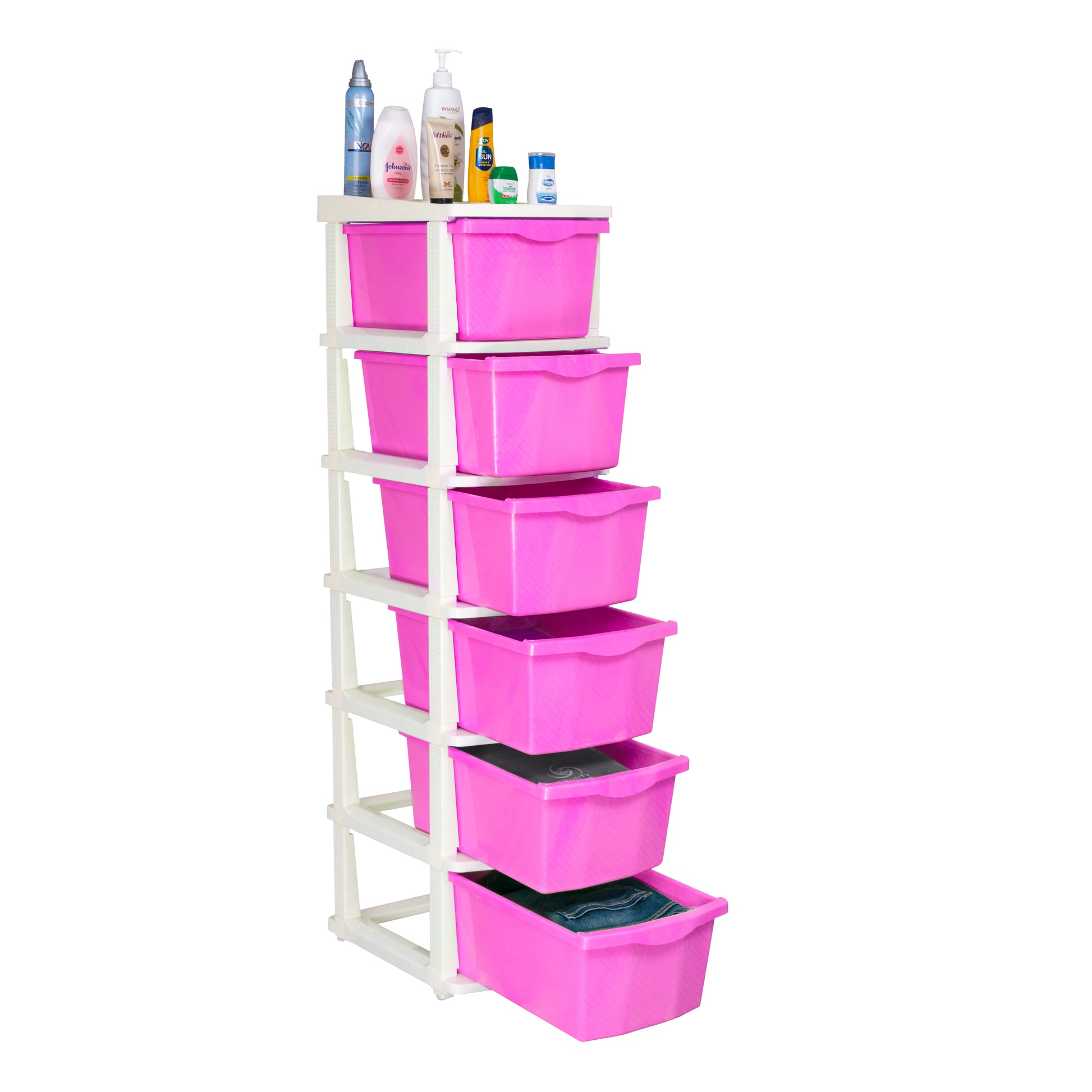 PARASNATH Boxo 6 Layer (Pink) Multi-Purpose Modular Drawer Storage System for Home and Office with Trolley Wheels and Anti-Slip Shoes - PARASNATH