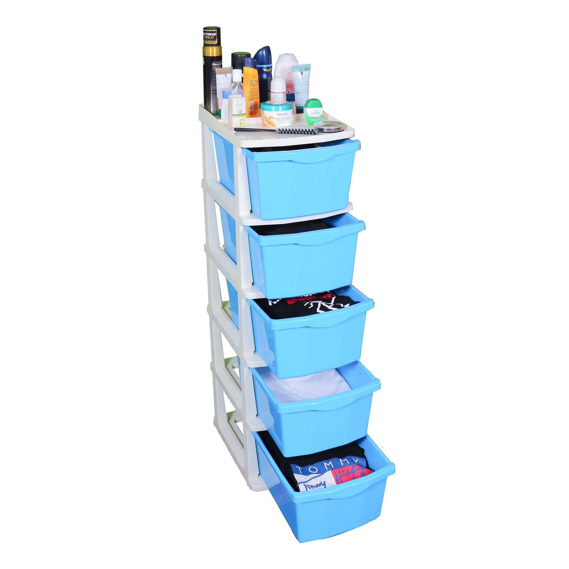 Boxo 5 Layer (Blue) Multi-Purpose Modular Drawer Storage System for Home and Office with Trolley Wheels and Anti-Slip Shoes - PARASNATH