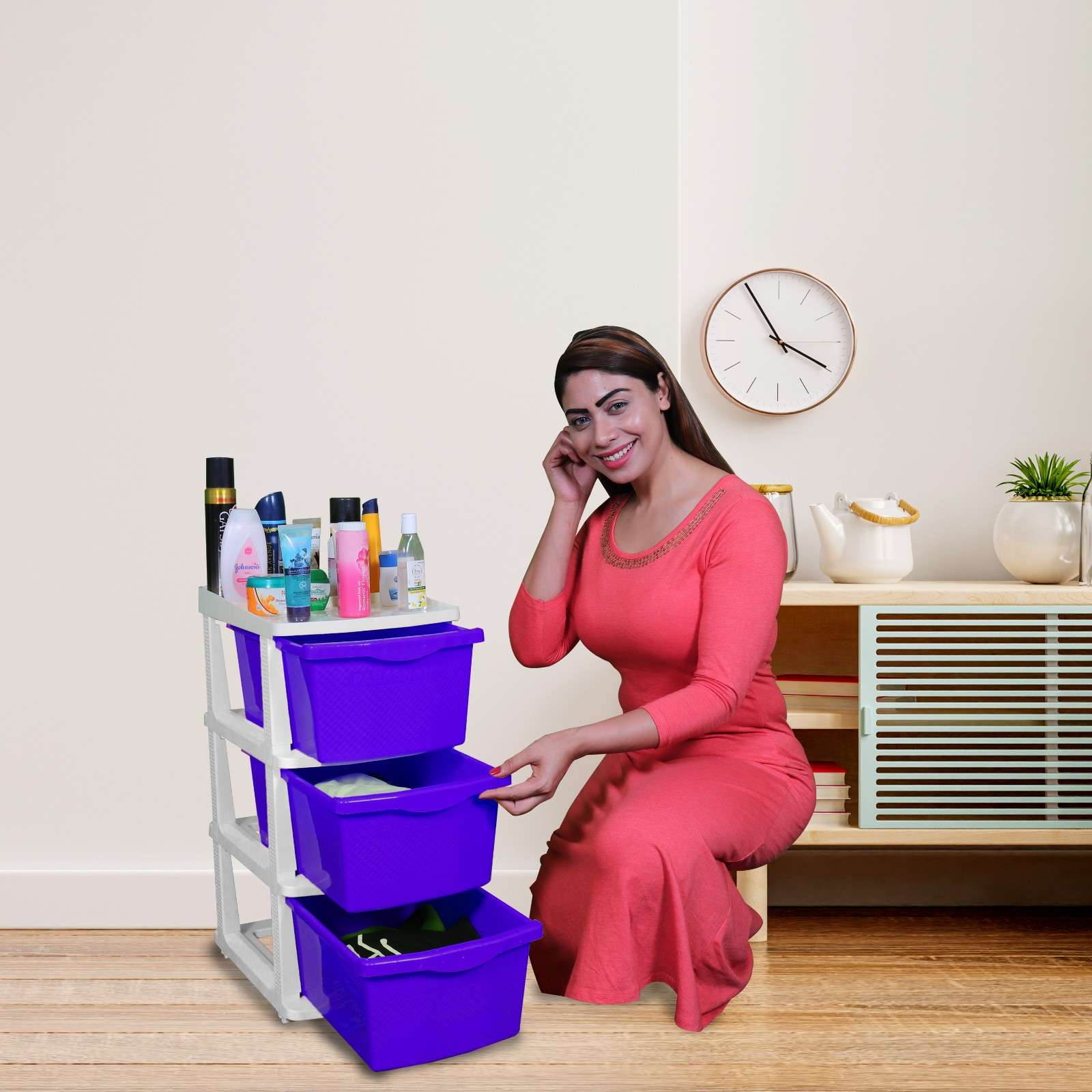 PARASNATH Boxo 3 Layer (Purple) Multi-Purpose Modular Drawer Storage System for Home and Office with Trolley Wheels and Anti-Slip Shoes - PARASNATH