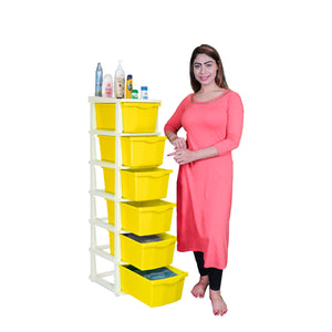PARASNATH Boxo 6 Layer (Yellow) Multi-Purpose Modular Drawer Storage System for Home and Office with Trolley Wheels and Anti-Slip Shoes - PARASNATH