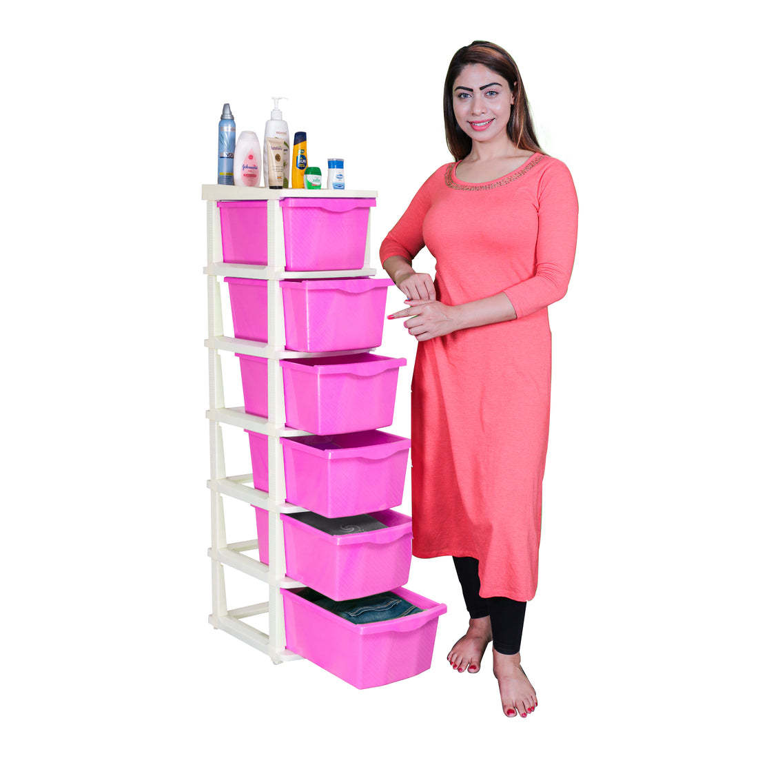 PARASNATH Boxo 6 Layer (Pink) Multi-Purpose Modular Drawer Storage System for Home and Office with Trolley Wheels and Anti-Slip Shoes - PARASNATH
