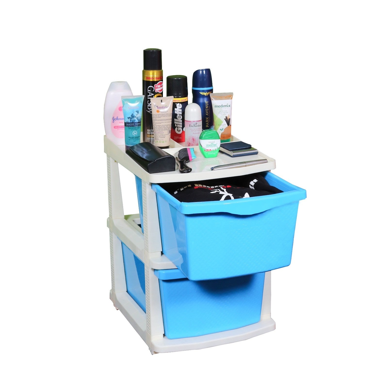PARASNATH Boxo 2 Layer (Blue) Multi-Purpose Modular Drawer Storage System for Home and Office with Trolley Wheels and Anti-Slip Shoes - PARASNATH