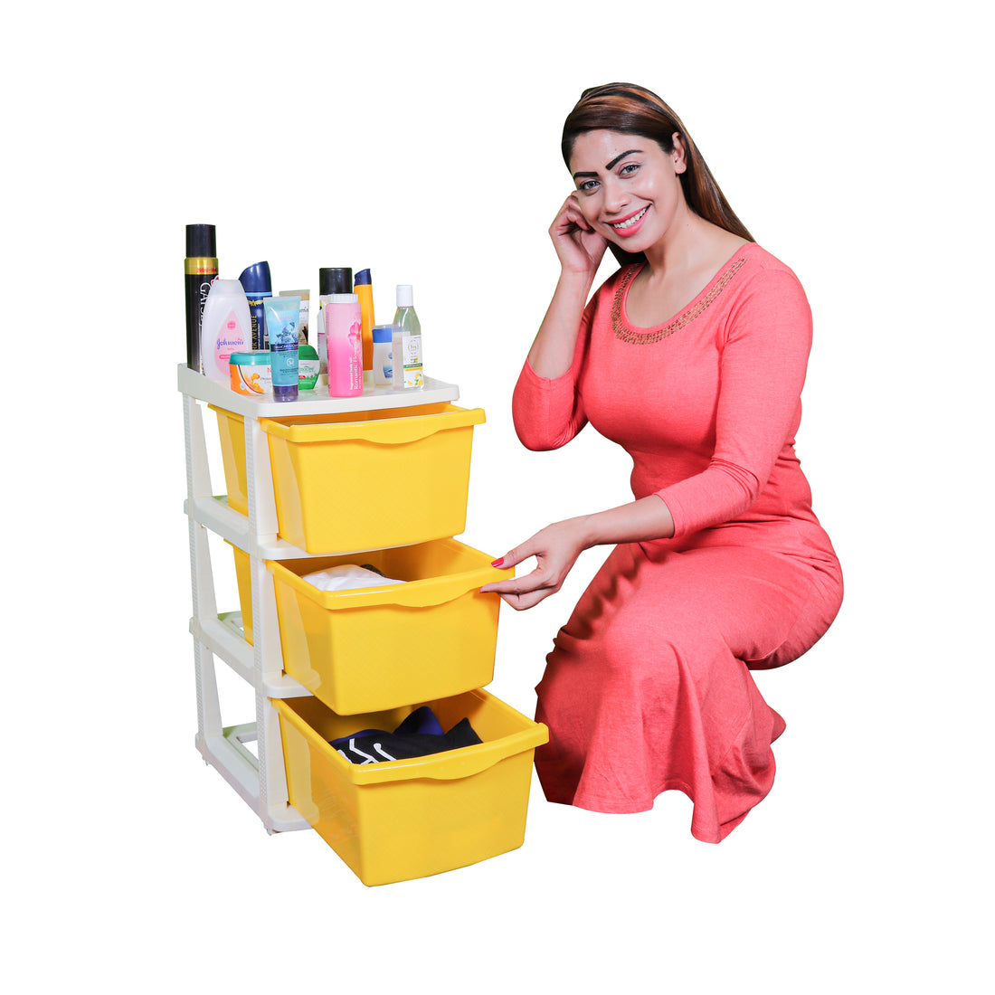 PARASNATH Boxo 3 Layer (Yellow) Multi-Purpose Modular Drawer Storage System for Home and Office with Trolley Wheels and Anti-Slip Shoes - PARASNATH