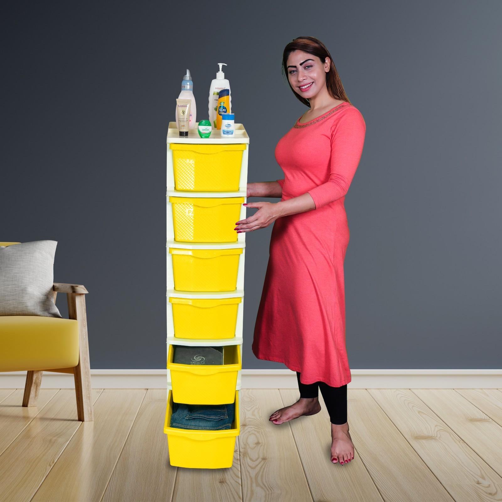 PARASNATH Boxo 6 Layer (Yellow) Multi-Purpose Modular Drawer Storage System for Home and Office with Trolley Wheels and Anti-Slip Shoes - PARASNATH