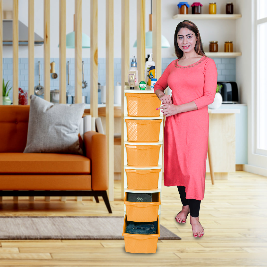PARASNATH Boxo 6 Layer (Orange) Multi-Purpose Modular Drawer Storage System for Home and Office with Trolley Wheels and Anti-Slip Shoes - PARASNATH