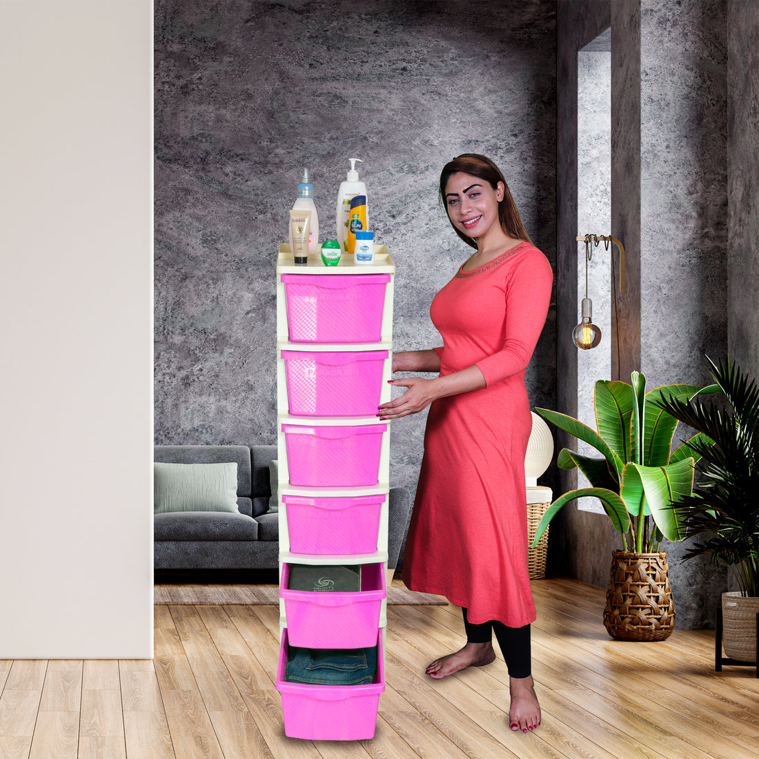 PARASNATH Boxo 6 Layer (Pink) Multi-Purpose Modular Drawer Storage System for Home and Office with Trolley Wheels and Anti-Slip Shoes - PARASNATH