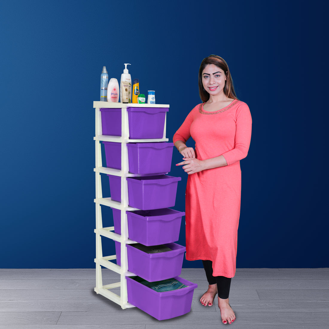 PARASNATH Boxo 6 Layer (Purple) Multi-Purpose Modular Drawer Storage System for Home and Office with Trolley Wheels and Anti-Slip Shoes - PARASNATH