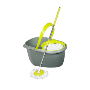 PARASNATH Bucker Oval Gray Lemon Colour Spin Mop with Big Wheels and Stainless Steel Wringer, Bucket Floor Cleaning and Mopping System,2 Microfiber Refills - PARASNATH