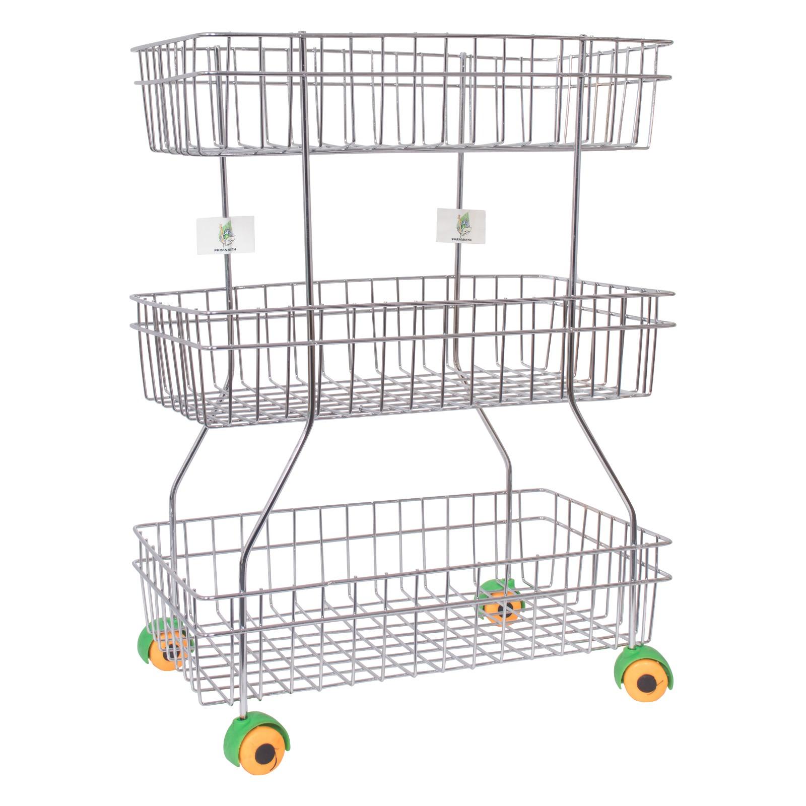 Parasnath Zig Zag Stainless Steel 3 Shelf Vegetable Stand for Kitchen and Fruit Trolley Basket Racks - PARASNATH