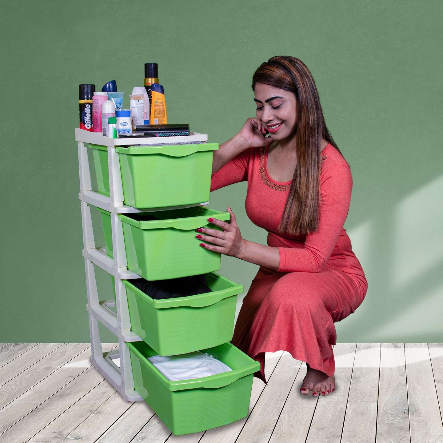 PARASNATH Boxo 4 Layer (Green) Multi-Purpose Modular Drawer Storage System for Home and Office with Trolley Wheels and Anti-Slip Shoes - PARASNATH