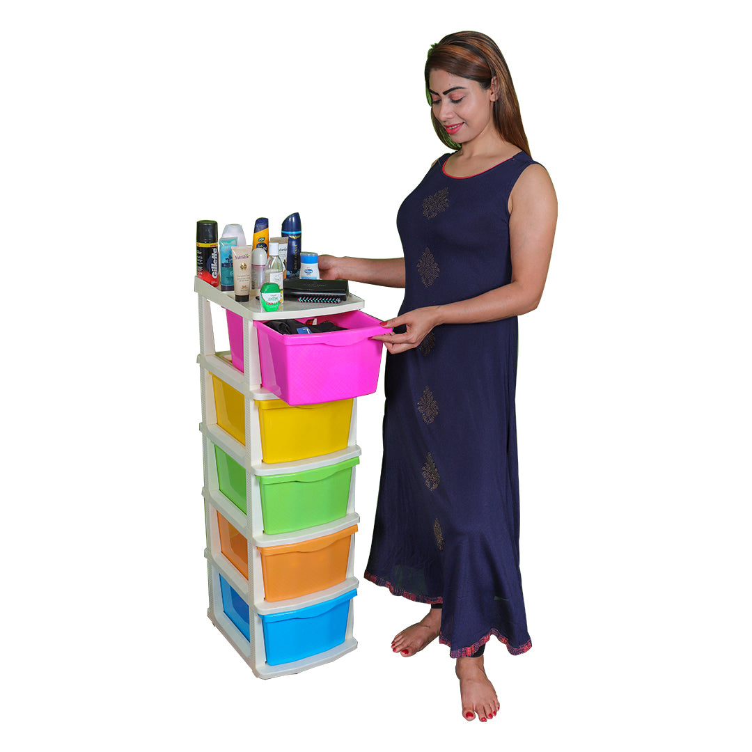 PARASNATH Boxo 5 Layer (Multicolour) Multi-Purpose Modular Drawer Storage System for Home and Office with Trolley Wheels and Anti-Slip Shoes - PARASNATH
