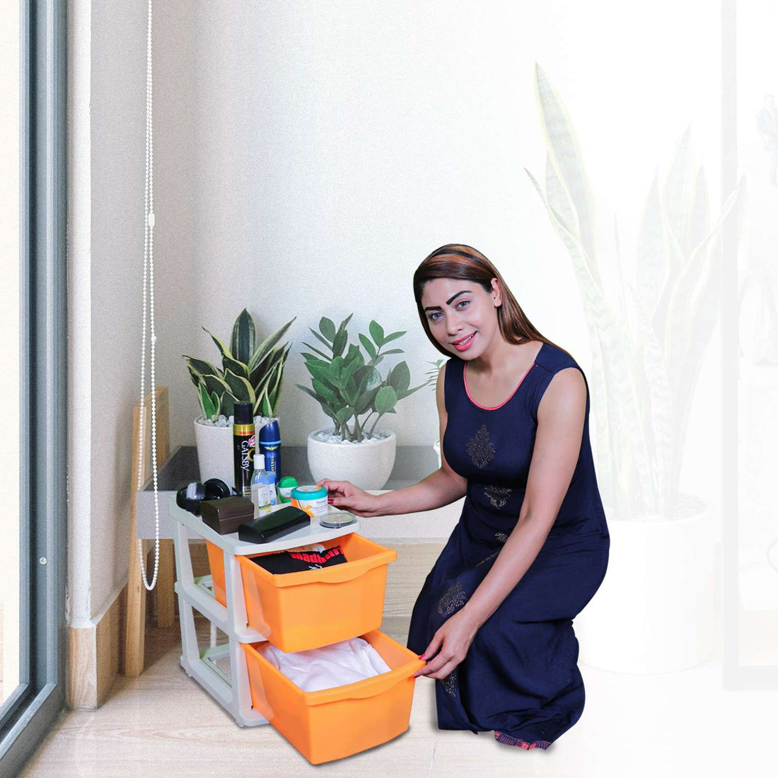 PARASNATH Boxo 2 Layer (Orange) Multi-Purpose Modular Drawer Storage System for Home and Office with Trolley Wheels and Anti-Slip Shoes - PARASNATH