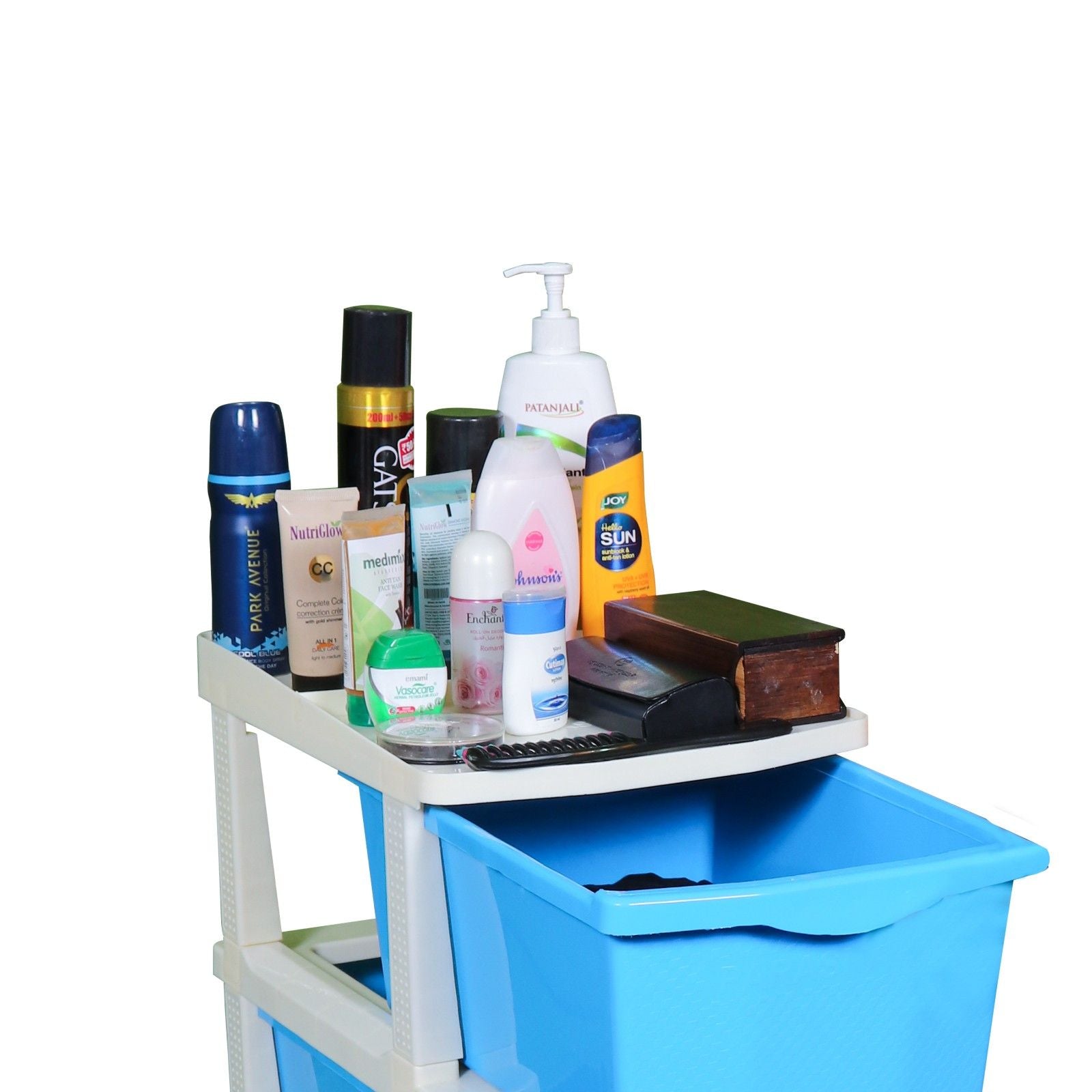 PARASNATH Boxo 3 Layer (Blue) Multi-Purpose Modular Drawer Storage System for Home and Office with Trolley Wheels and Anti-Slip Shoes - PARASNATH