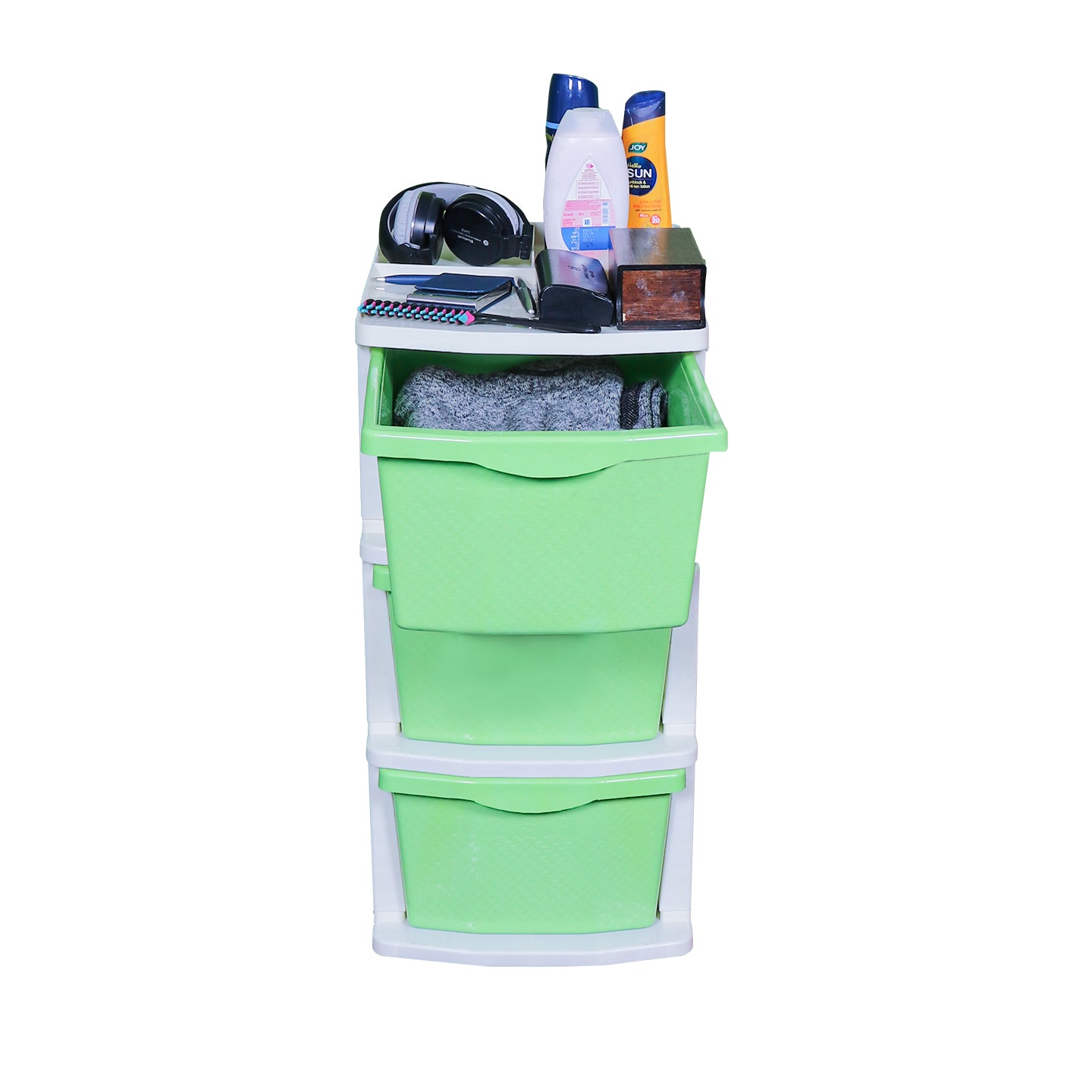 PARASNATH Boxo 3 Layer (Green) Multi-Purpose Modular Drawer Storage System for Home and Office with Trolley Wheels and Anti-Slip Shoes - PARASNATH