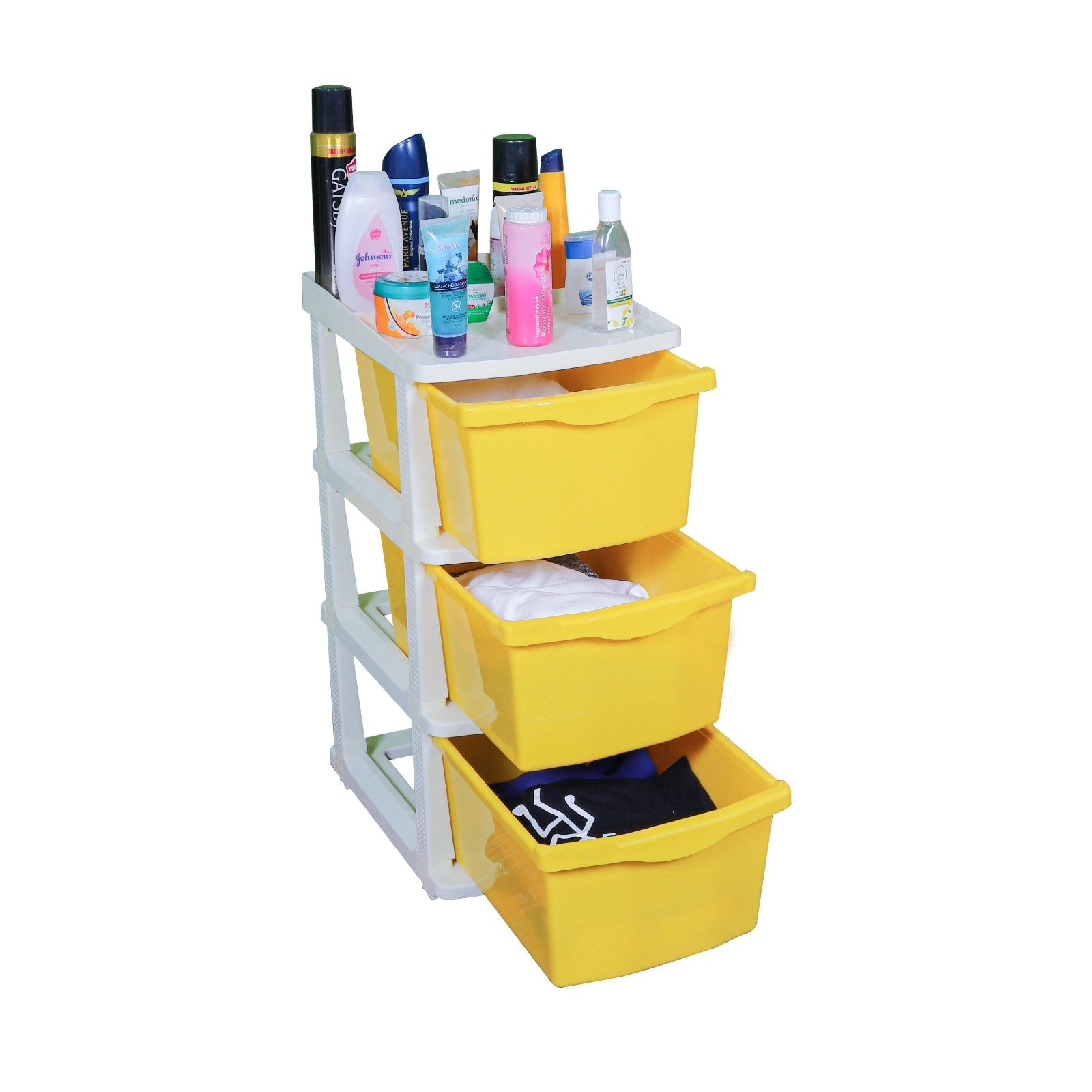PARASNATH Boxo 3 Layer (Yellow) Multi-Purpose Modular Drawer Storage System for Home and Office with Trolley Wheels and Anti-Slip Shoes - PARASNATH