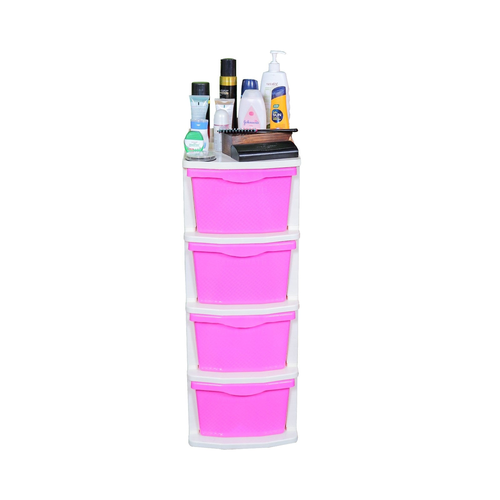 PARASNATH Boxo 4 Layer (Pink) Multi-Purpose Modular Drawer Storage System for Home and Office with Trolley Wheels and Anti-Slip Shoes - PARASNATH