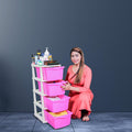 PARASNATH Boxo 4 Layer (Pink) Multi-Purpose Modular Drawer Storage System for Home and Office with Trolley Wheels and Anti-Slip Shoes - PARASNATH