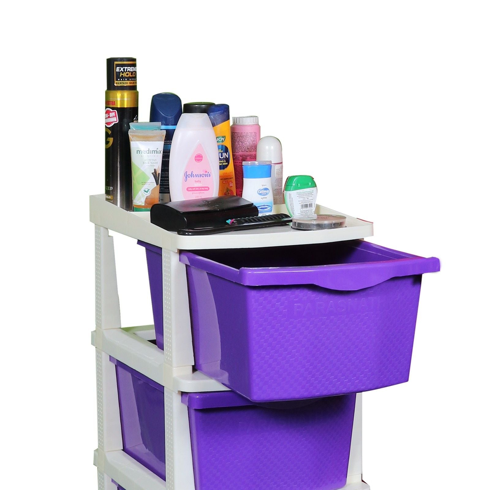 PARASNATH Boxo 4 Layer (Purple) Multi-Purpose Modular Drawer Storage System for Home and Office with Trolley Wheels and Anti-Slip Shoes - PARASNATH