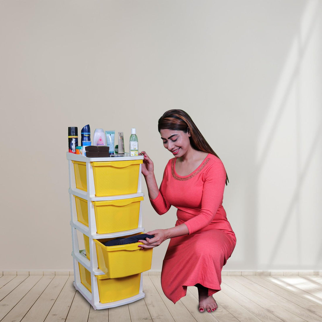 PARASNATH Boxo 4 Layer (Yellow) Multi-Purpose Modular Drawer Storage System for Home and Office with Trolley Wheels and Anti-Slip Shoes - PARASNATH