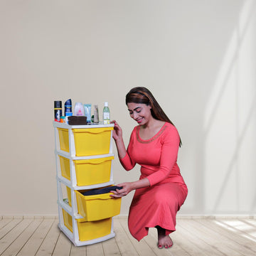 PARASNATH Boxo 4 Layer (Yellow) Multi-Purpose Modular Drawer Storage System for Home and Office with Trolley Wheels and Anti-Slip Shoes - PARASNATH